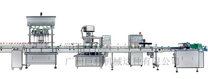 直列式裝機、自動鎖蓋機、鋁箔封口、糨糊貼標灌裝線 